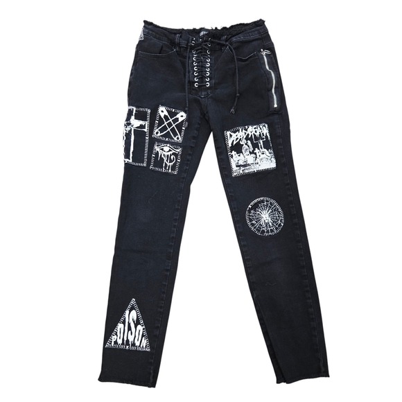 Current Mood Denim - Current Mood Dolls Kill Black Jeans Womens Medium Patch Lace Up Punk Goth Skinny